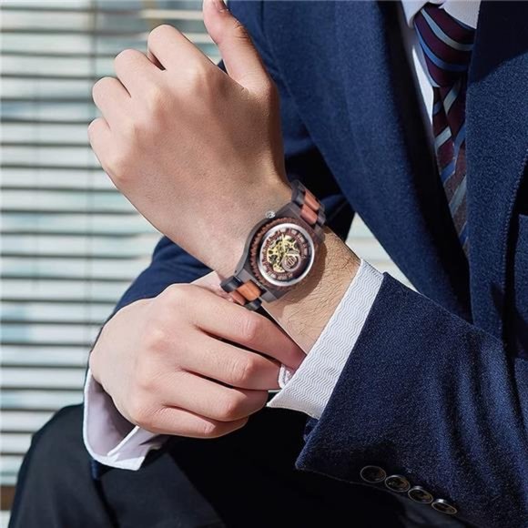 Men's Wooden Watch Skeleton Automatic Movement Wood Watch Self-Winding Watches - Picture 3 of 7